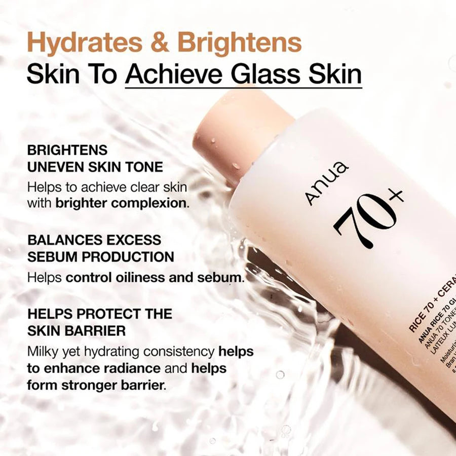 ANUA 70+ Toner 250ml - Korean Rice Bran Moisturizing Facial Essence, Suitable for Oily and Sensitive Skin, Pore Care