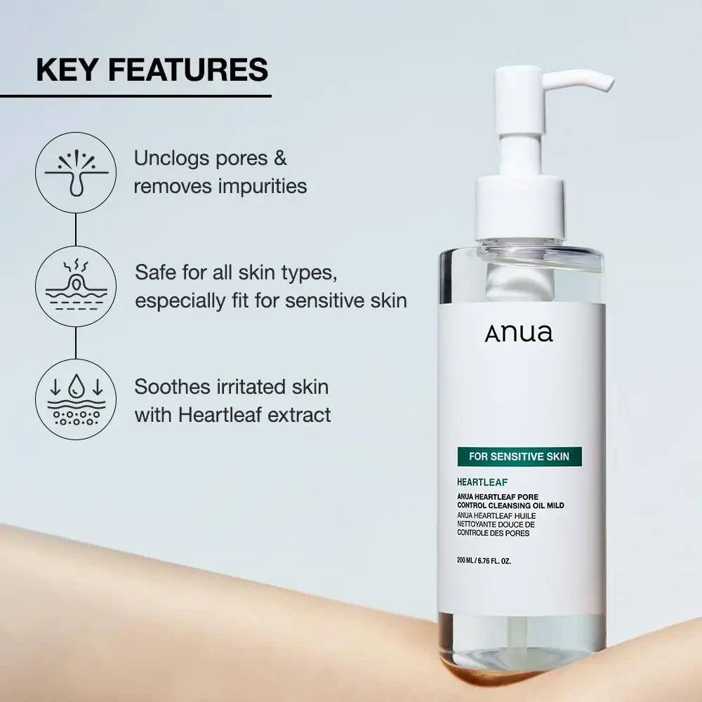 ANUA Heartleaf Facial Pore Cleansing Oil, Sensitive Skin Facial Cleanser, Makeup Remover Blackheads, Korean Skin Care, 200ml