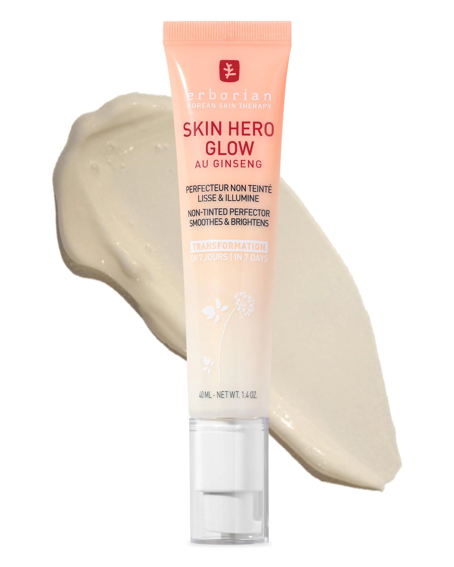 Erborian Skin Hero Glow Non Tinted Korean Bare Skin Perfector Face - Korean Skincare with Ginseng Extract & Hyaluronic Acid - Facial Cream Hydrates & Smooths – Glass-Skin Finish 40 ml